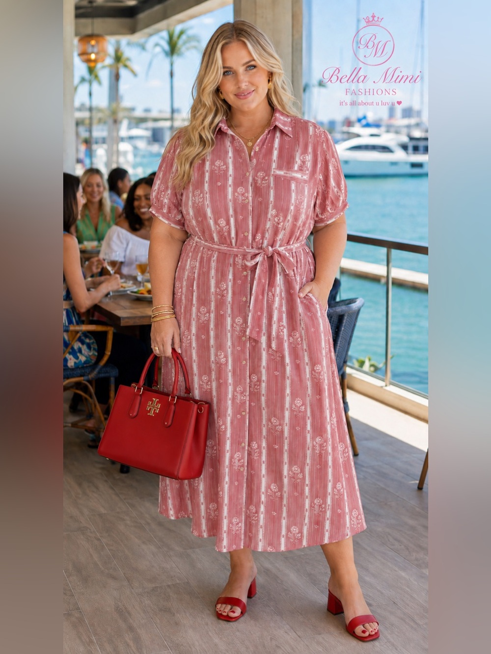 ❤️🌿Polagram Red Ivory Floral Stripe Belted Button Midi Dress 3X NWT 🌿❤️